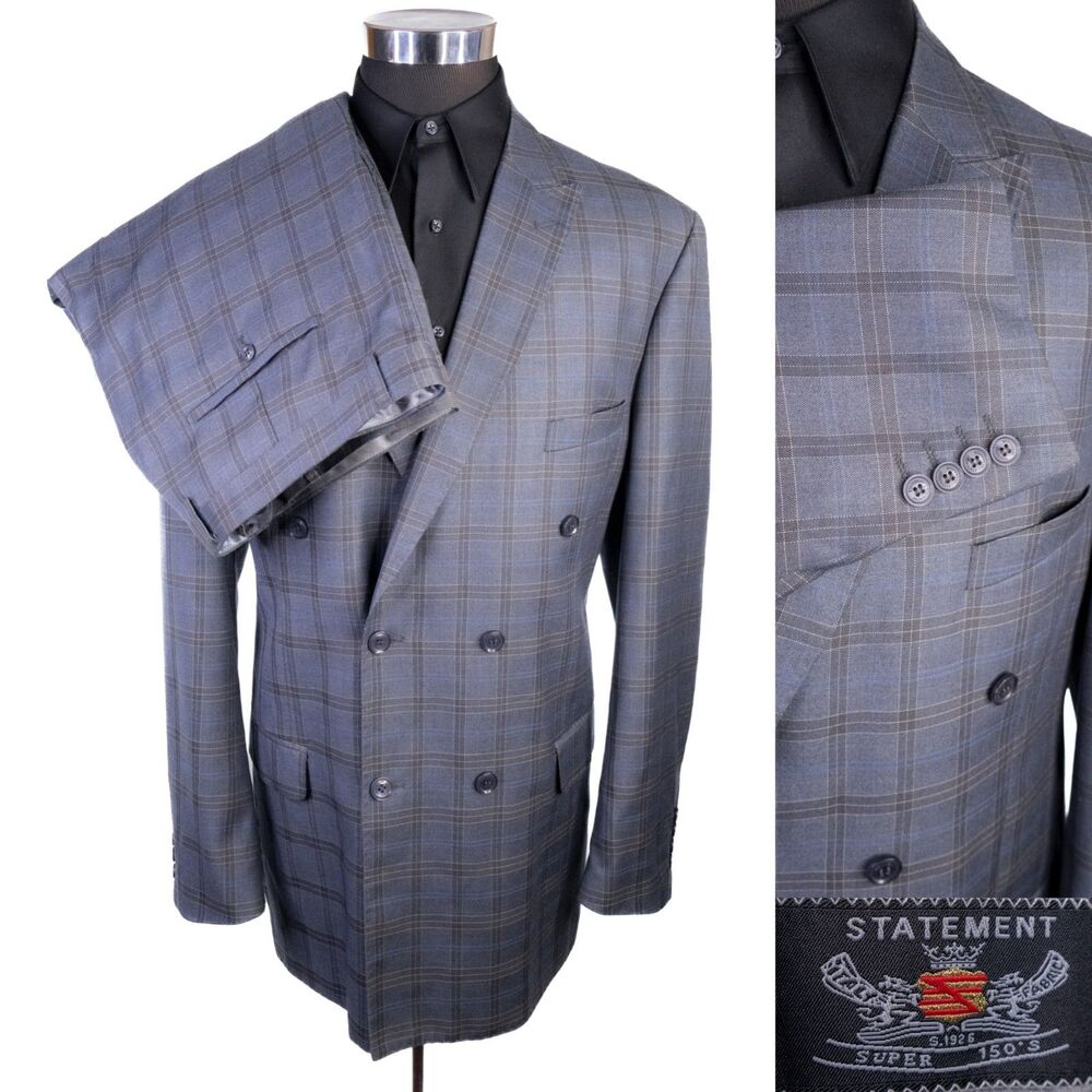 Statement 2-Pcs Plaid Gray Double Breasted Wool Suit Blazer Sz 48L Pants 44X34